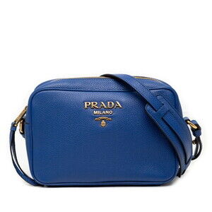 Prada Vitello Phoenix Camera Bag Shoulder Pochette 1BH103 Blue Gold Royal Cal...
